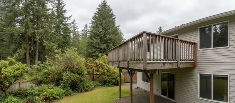Weathered deck on a 1990s home showing Pacific Northwest climate wear